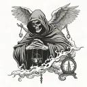 Forearm tattoo, close up shot of a grim reaper praying with 3 doves flying and clouds in the background with 3 crosses tattoo design idea