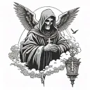Forearm tattoo, close up shot of a grim reaper praying with 3 doves flying and clouds in the background with 3 crosses tattoo design idea