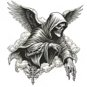 Forearm tattoo, close up shot of a grim reaper praying with 3 doves flying and clouds in the background with 3 crosses tattoo design idea