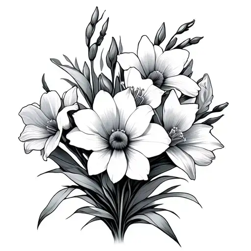 Gladiolus daisy narcissus flower bouquet tattoo design idea