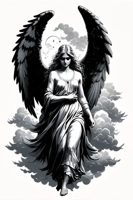 a sad angel with wings walking along the clouds tattoo design idea