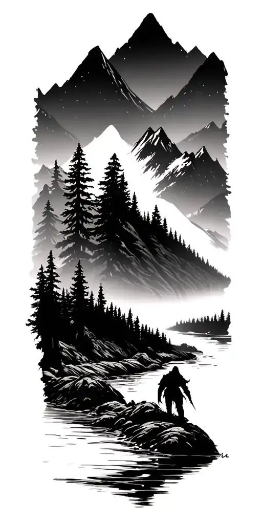 forest with river flowing and mountain range silhouette with a reaper walking through valley tattoo design idea
