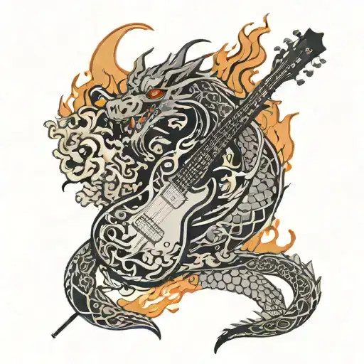 guitar with dragon and flames tattoo design idea