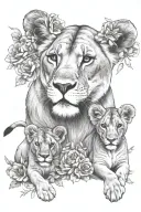 lioness with cubs and flowers tattoo design idea