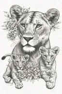 lioness with cubs and flowers tattoo design idea