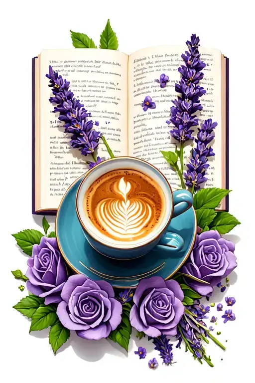 open book with tea latte, lavendar and roses tattoo design idea