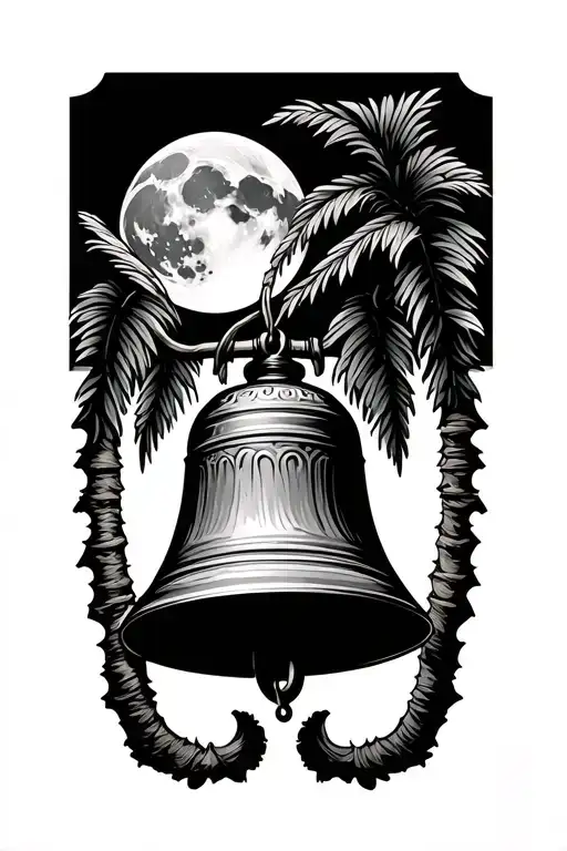 bell hanging from palm tree with moon above it tattoo design idea