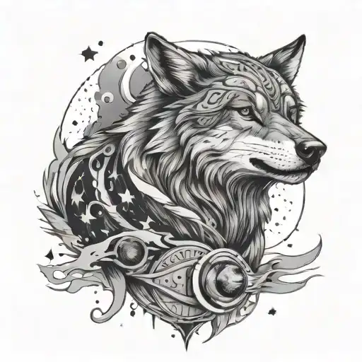a strong wolf with cosmic theme and a text saying 1 OF 1 for half sleeve length from wrist to elbow  tattoo design idea