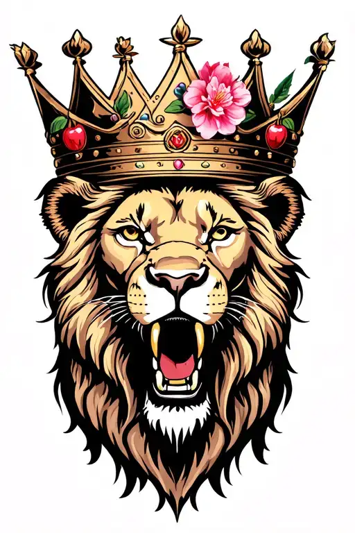 CROWNED LION HEAD WITH CHERRY BLOSSOM tattoo design idea