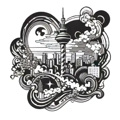 Combine the iconic Fernsehturm tower Stuttgart with elements of Stuttgart's skyline in a futuristic and abstract design tattoo design idea