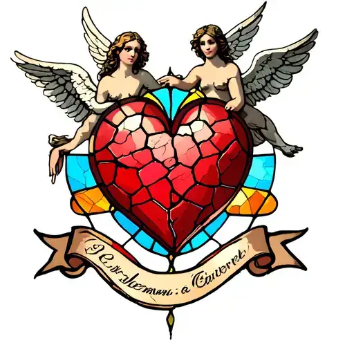 an American traditional tattoo of a cracked stained glass heart with angels depicted on the stained glass, and a banner  tattoo design idea
