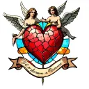 an American traditional tattoo of a cracked stained glass heart with angels depicted on the stained glass, and a banner  tattoo design idea