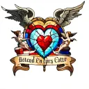 an American traditional tattoo of a cracked stained glass heart with angels depicted on the stained glass, and a banner  tattoo design idea