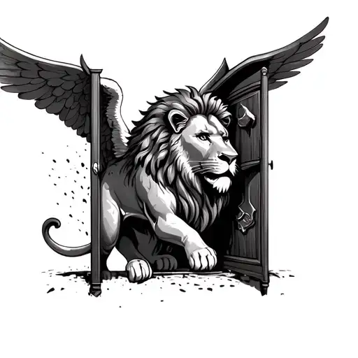 a tattoo of a lion with wings jumping out of the wardrobe from the chronicles of Narnia, the background is filled with s tattoo design idea
