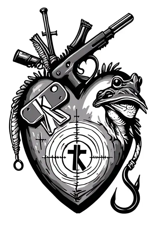 half heart filled with: a cattle tag with a "K" in it, a fish hook, a religious cross, a rifle target, and frog print. tattoo design idea