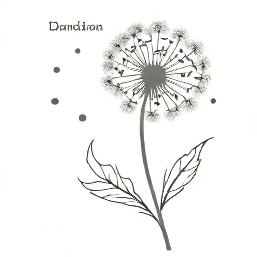 Dandelion with a stem with text Midnight Rain Cloud tattoo design idea