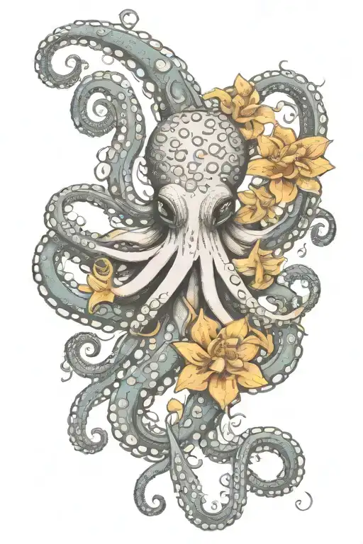 Octopus, snowdrop, rose, marigold, daffodil tattoo design idea