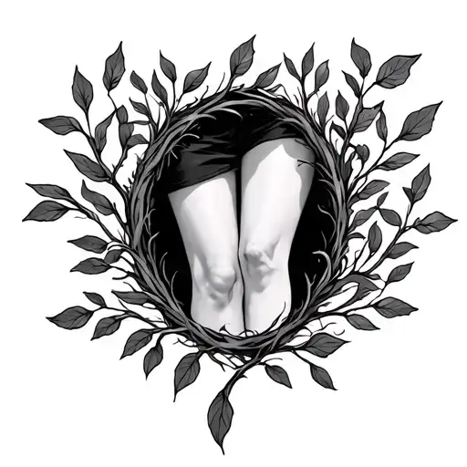 twigs with leaves growing forming a oval around a knee tattoo design idea