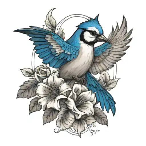 cross with flowers and bluejay tattoo design idea