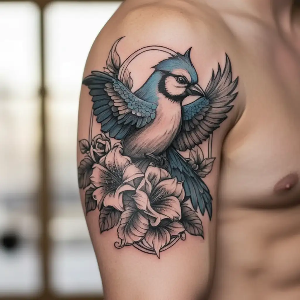 cross with flowers and bluejay tattoo design idea