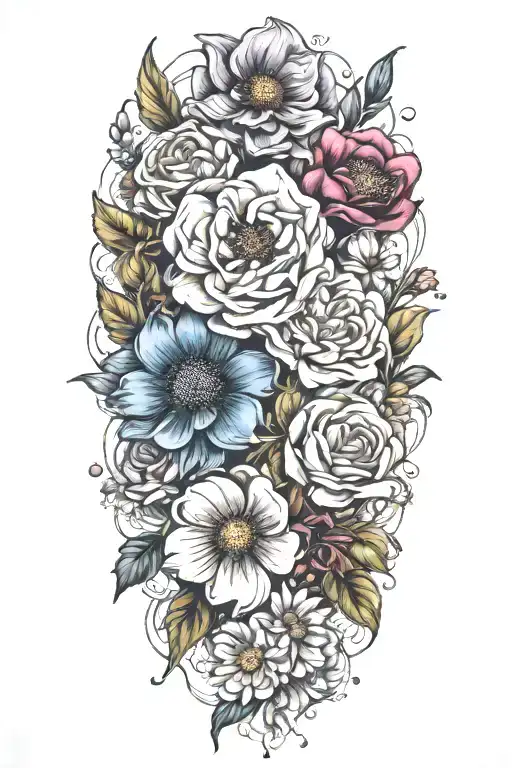 An intricate tattoo of a boquet of roses, daisys, and cosmos flowers tattoo design idea