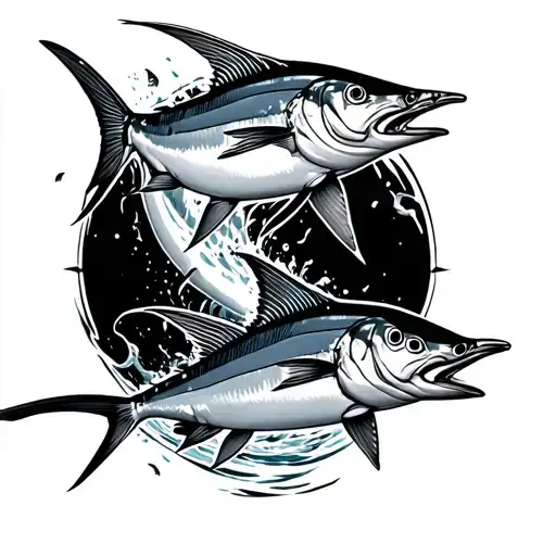Marlin and tuna fish jumping tattoo design idea