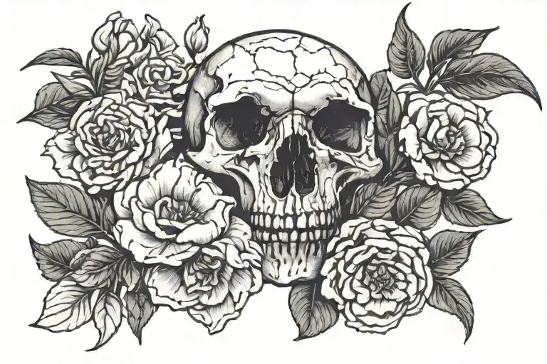 Japenes floral piony gardenia with raven skull inside tattoo design idea