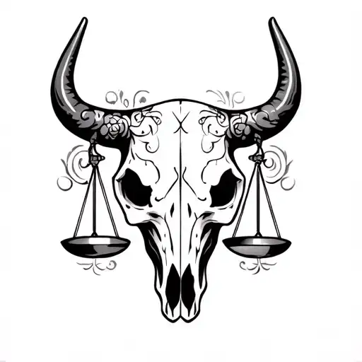 bull skull with sugar skull markings and Libra scales tattoo design idea
