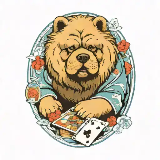 blue chow chow playing poker tattoo design idea