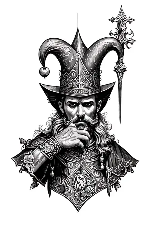 sleeve tattoo with motive of Jester, medieval warrior, Serbian heritage, Orthodox. to be more complexed, with more motiv tattoo design idea