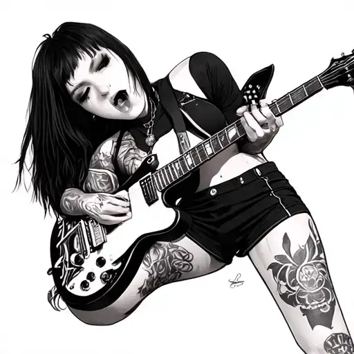 Emo girl in black short skirt playing metal and being sexy and cheeky  tattoo design idea