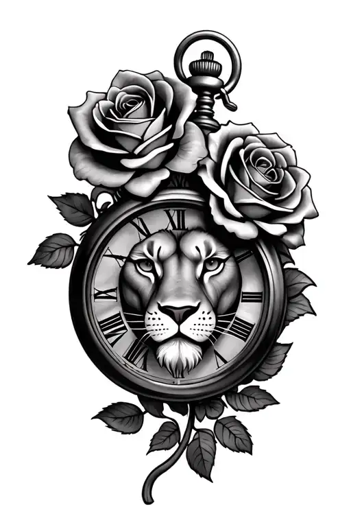 lion face is with three roses intertwined representing the clients wife and two children. A pocket watch tattoo design idea
