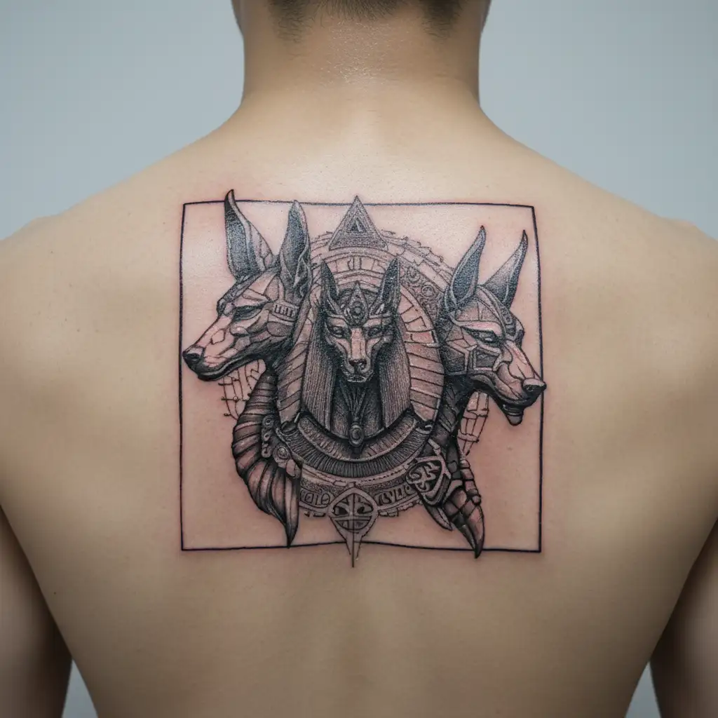 Anubis and Osiris for pectoral with the scarab below and the pyramids above tattoo design idea