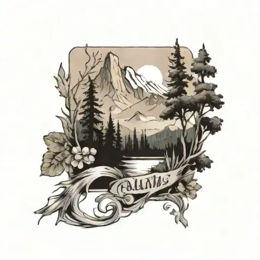 A nature-inspired half sleeve tattoo featuring elements like trees, mountains, and wildlife. The names Melwin, Milian, Ellie, and Dante can be incorporated into the design in a subtle and artistic way. The color scheme should be black and grey, with hints of green and brown. The illustration should be on a male arm. tattoo design idea