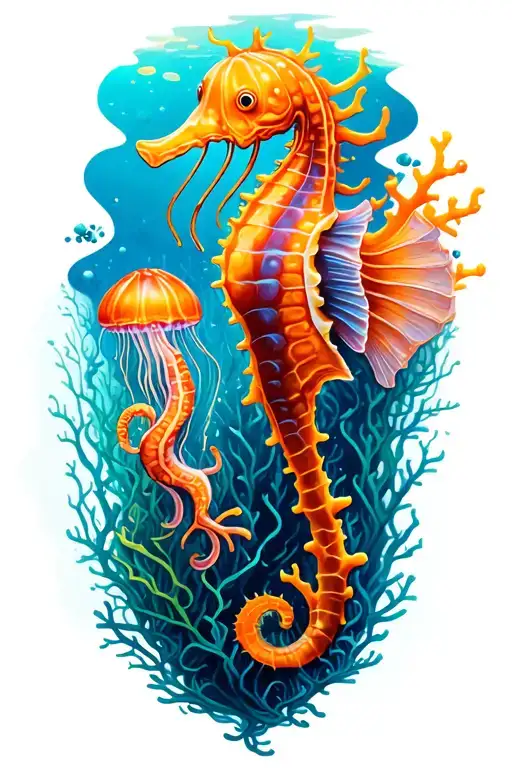 coral reef scene with coral, kelp, a jellyfish, a seahorse, bright cloors tattoo design idea