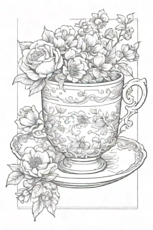 Teacup, teapot, ship, cameo brooch, flowers growing tattoo design idea