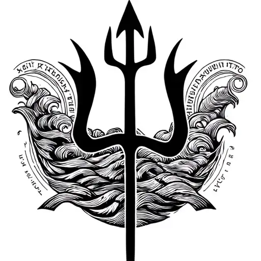 The silhouette of a trident and its filling are waves and words in Greek and Latin tattoo design idea