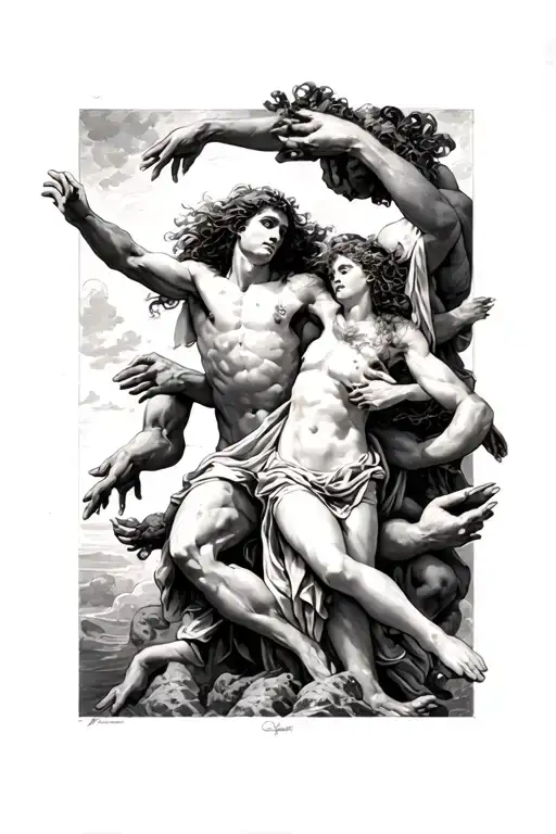 orpheus trying to touch eurydice hand while escaping tartarus but Eurydice is grabbed back by multiple Tartarus hands  tattoo design idea