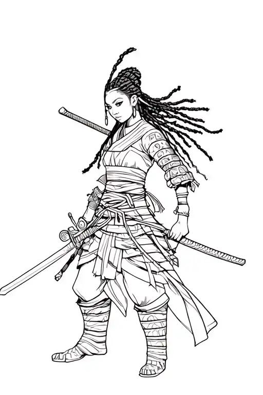 black female samurai warrior holding sword with dreadlocks tattoo design idea