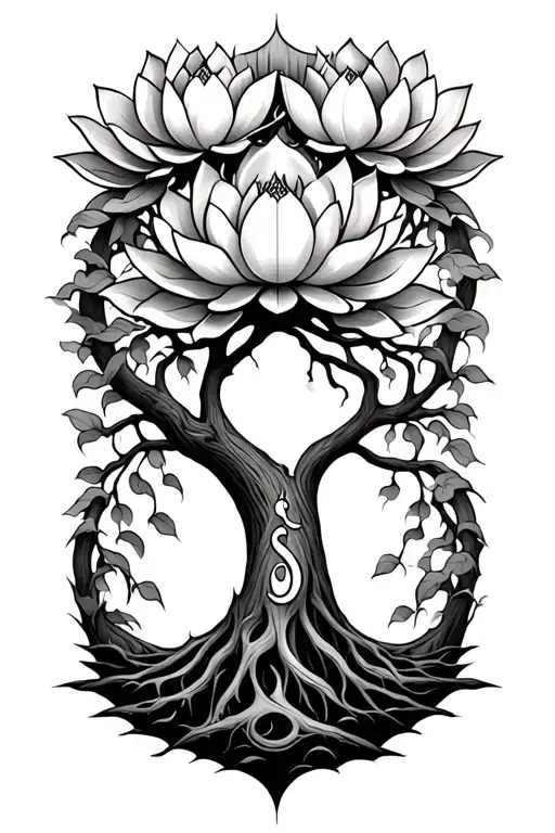 Tree of life with maternity symbol on the trunk, lotus, unaloma tattoo design idea