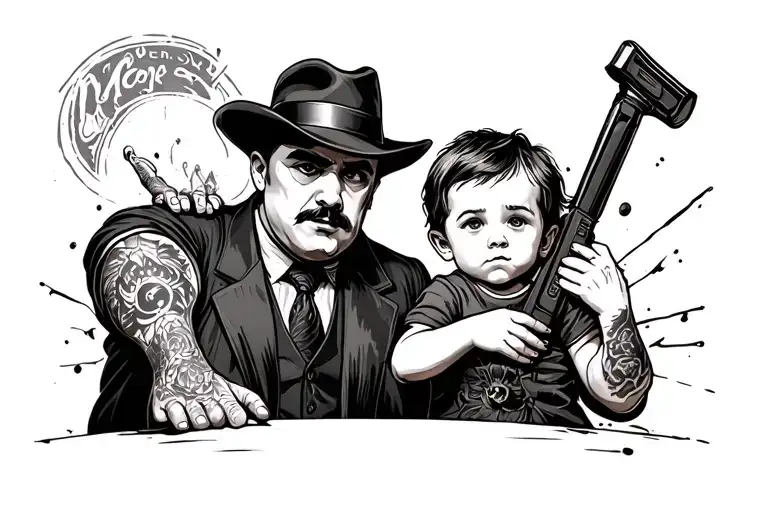 mafia boss and little kid holding tattoo design idea