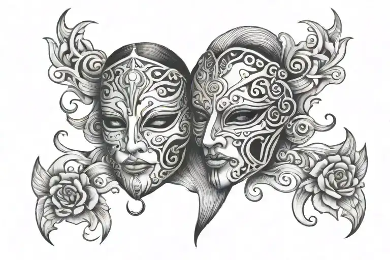 Gemini themed mask tattoo design idea