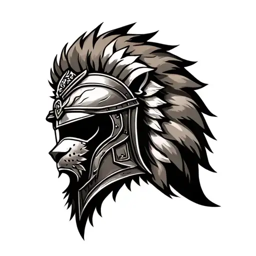 half lion half gladiator helmet tattoo design idea