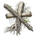 Cross with tree roots and a scroll with the Bible verse John 15:5 tattoo design idea