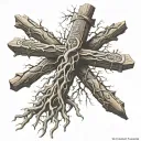 Cross with tree roots and a scroll with the Bible verse John 15:5 tattoo design idea