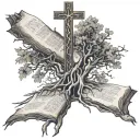 Cross with tree roots and a scroll with the Bible verse John 15:5 tattoo design idea