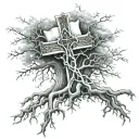Cross with tree roots and a scroll with the Bible verse John 15:5 tattoo design idea
