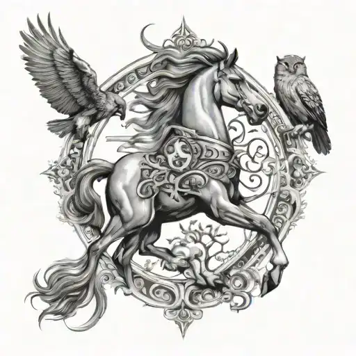 race horse with a #7, tree of life background, owl flying in air, 2 lions a male and female with 2 lion cubs walking  tattoo design idea