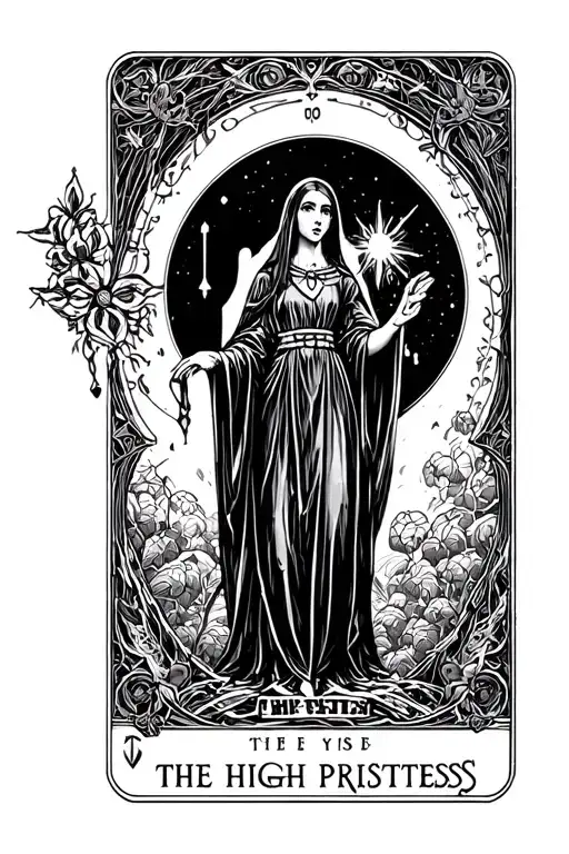 a dark, gothic sketch of the tarot card "The High Priestess" tattoo design idea