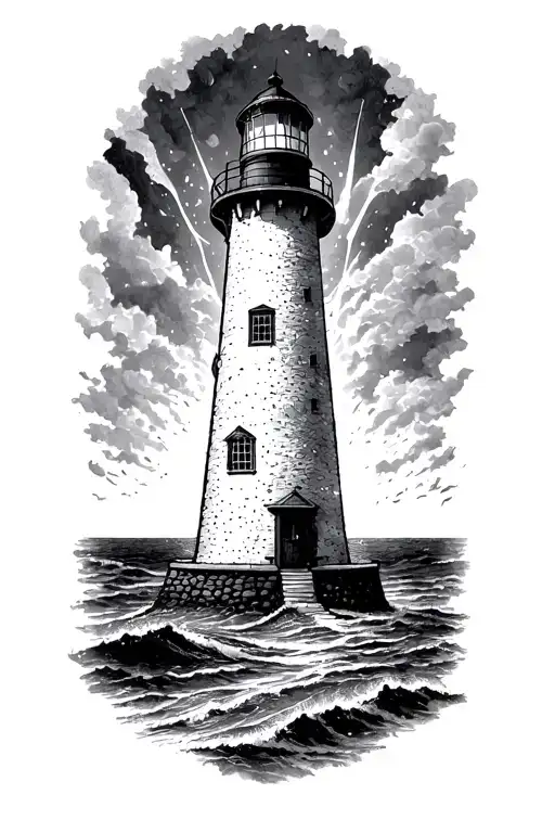 lighthouse standing tall shining light through a storm tattoo design idea